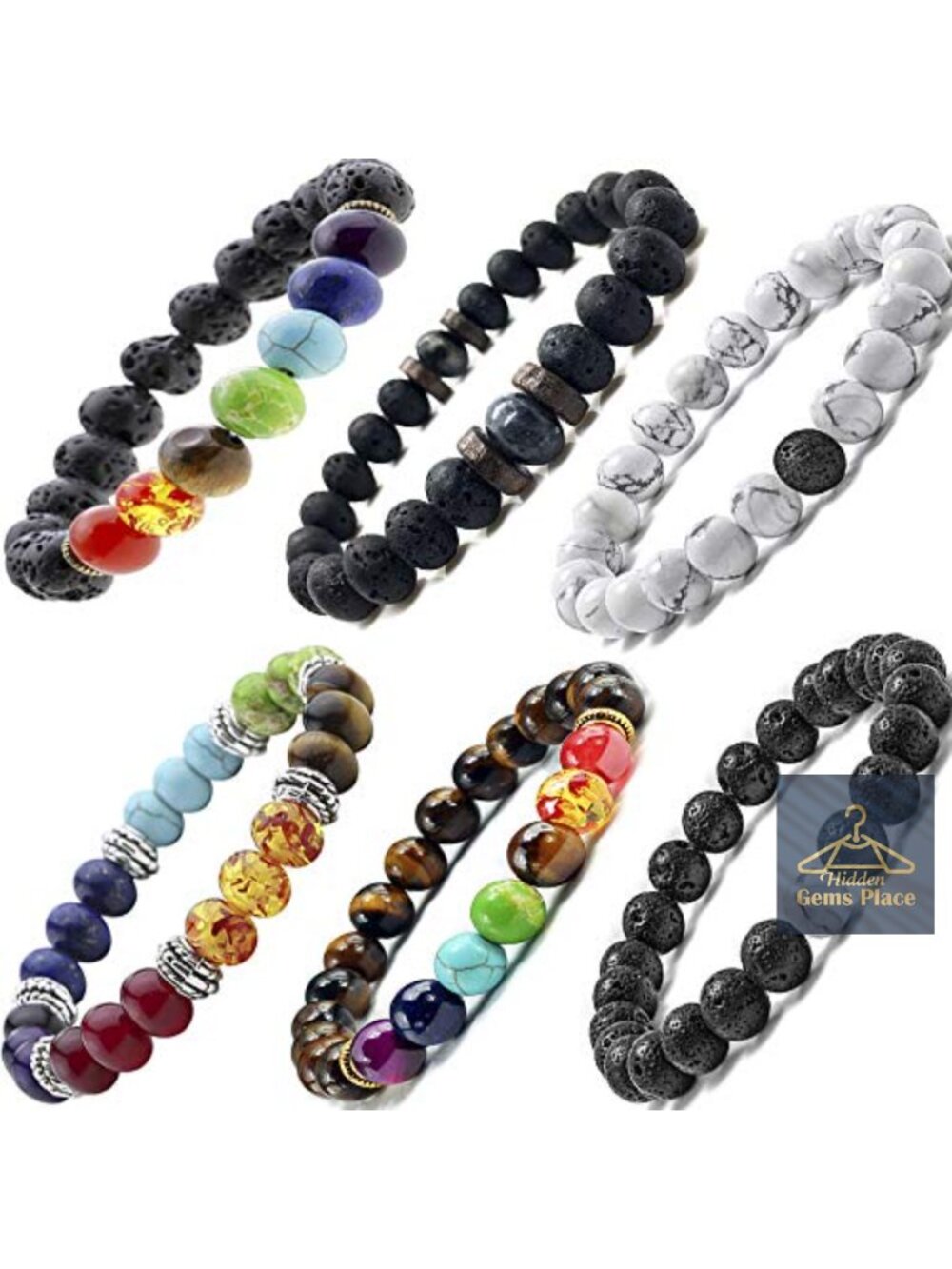 Natural Lava Stone 7 Chakra Bracelets Set of 6 Elastic Stretch Essential Oil